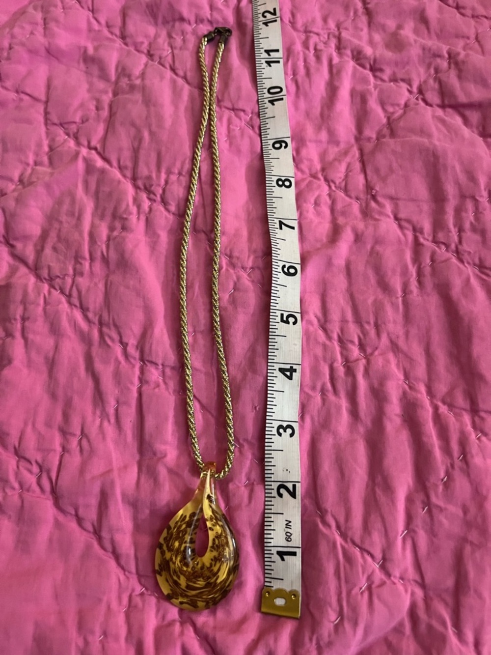 Murano Amber Glass Teardrop Pendant Necklace with Gold-Tone Rope Chain - Picture 2 of 3